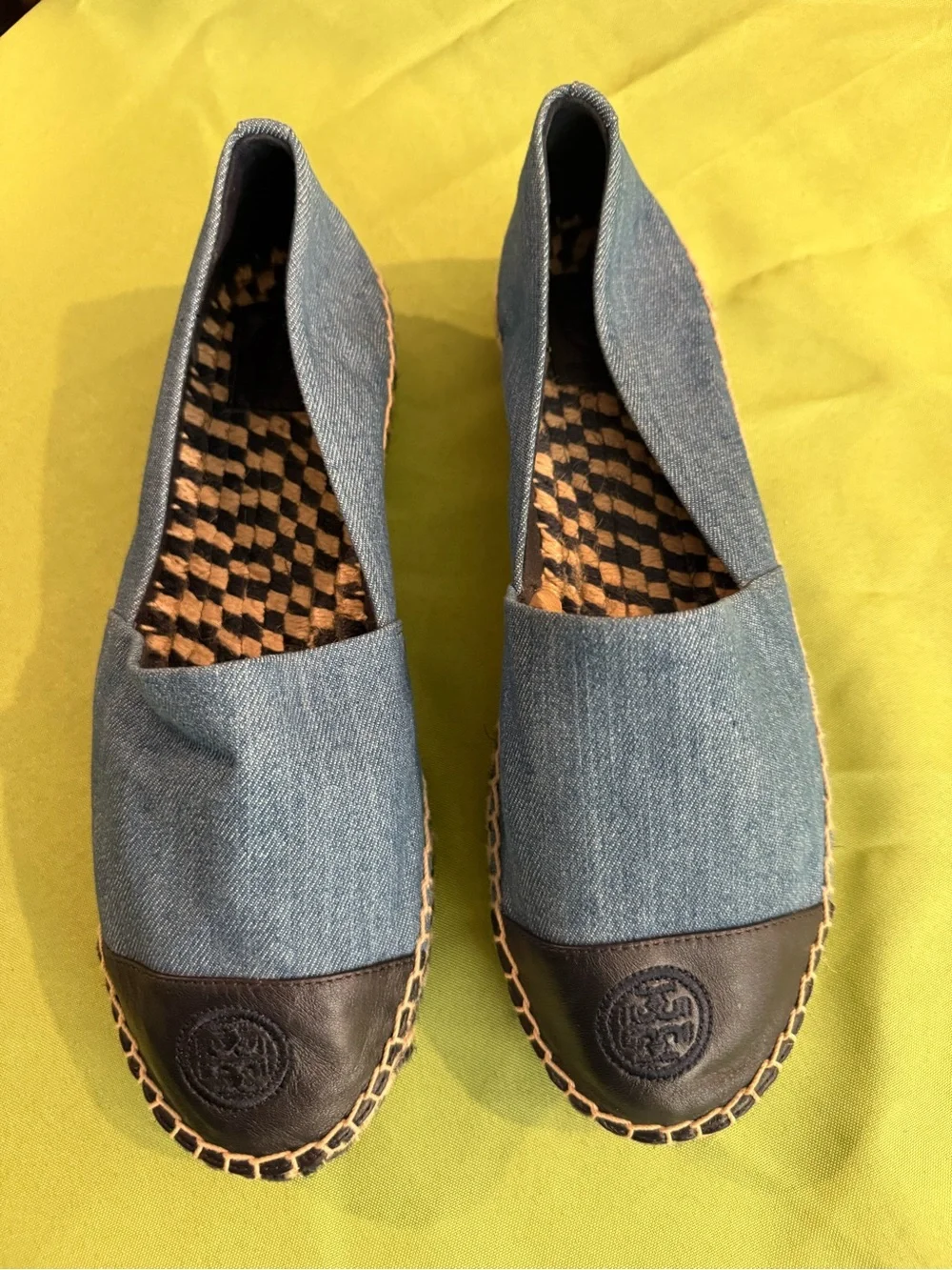 Tory Burch Women’s Blue Denim Slip-On Espadrilles with Leather Black Toe
